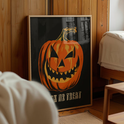 A framed Halloween art print featuring a carved orange jack-o'-lantern on a black background with the words 'TREAT OR SKULK' at the bottom, leaning against a wood-paneled wall in a bedroom setting.