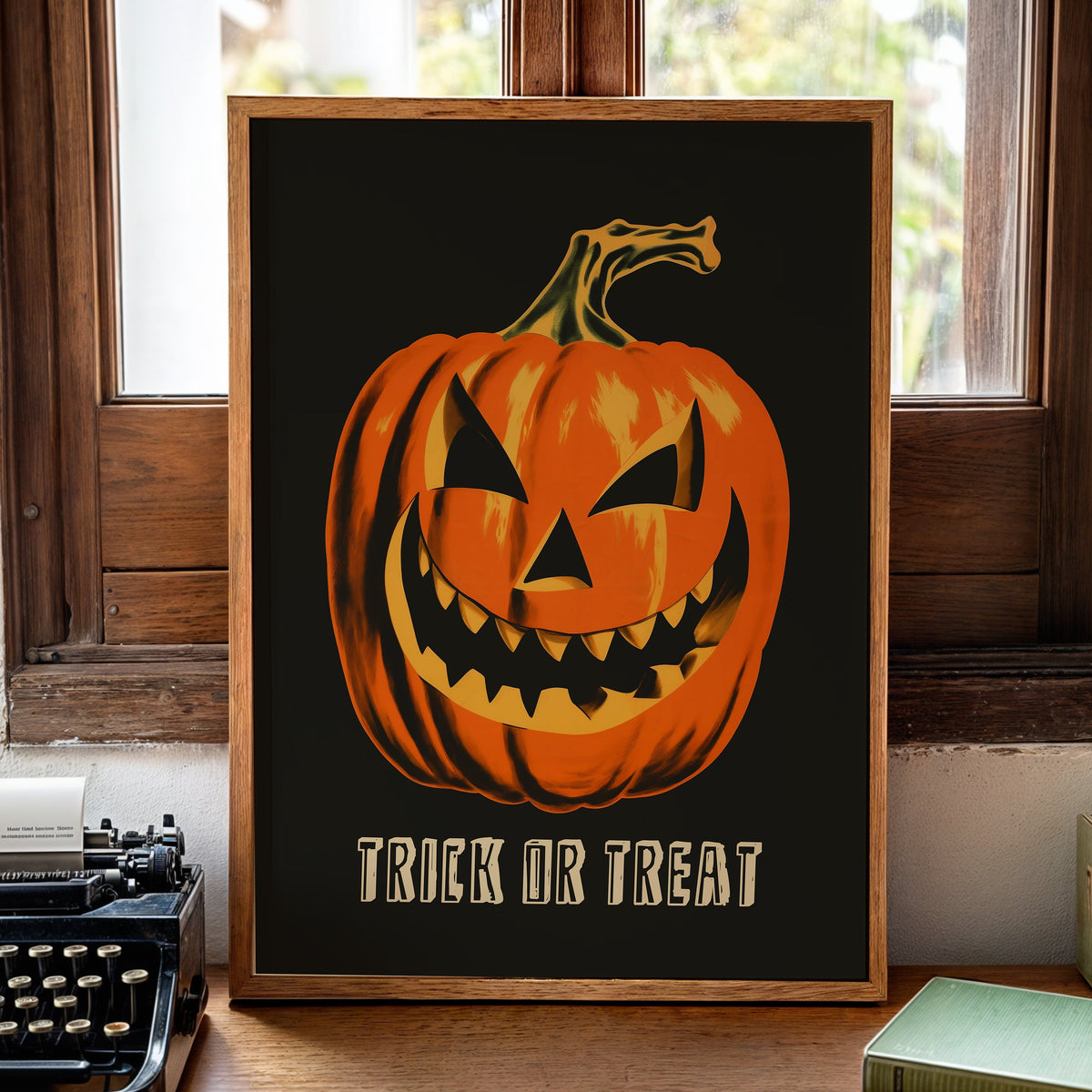 A framed Halloween art print featuring a carved orange jack-o'-lantern on a black background with the words 'TRICK OR TREAT' in cream. The print is displayed on a wooden desk in a vintage room setting next to a typewriter, books, and a candle.