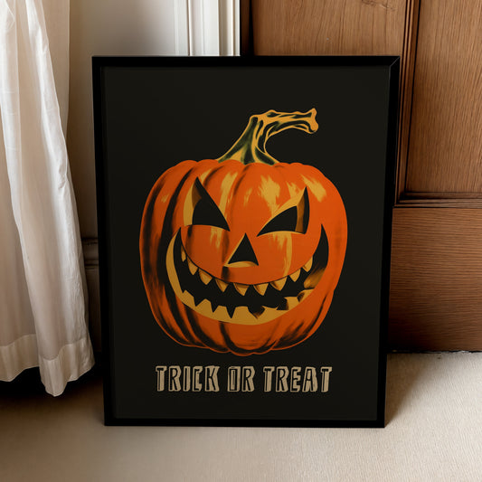 Retro Trick or Treat Halloween poster showing a grinning orange jack-o’-lantern with sharp teeth on a black background for spooky pumpkin wall decor.