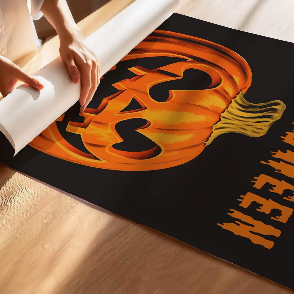 A person is unrolling a large black Halloween mat or floor mat on a wooden floor. The mat features a large orange jack-o'-lantern face and the word 'HALLOWEEN' in orange lettering.