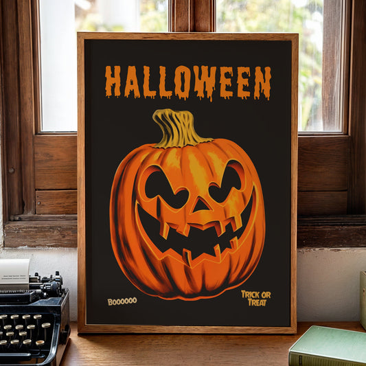 Retro jack-o’-lantern Halloween poster with a glowing orange pumpkin, crooked grin and Trick or Treat lettering on a black background.
