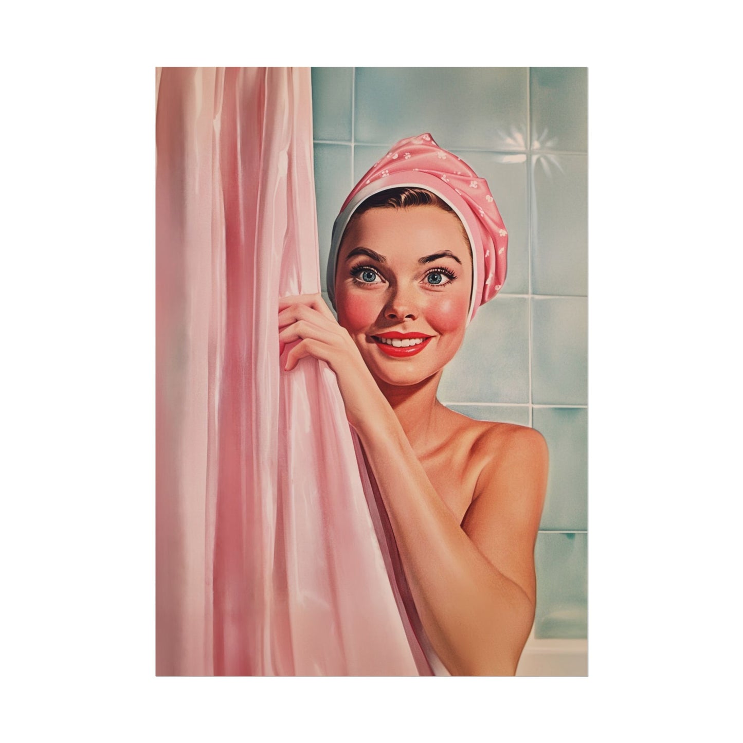 Retro Bathroom Wall Art Shower Room Wall Print Retro Housewife Art  Pink and blue Toilet Art Print Fun Bathroom Decor Happy Housewife Hiding Behind a shower curtain Bath Time Poster 