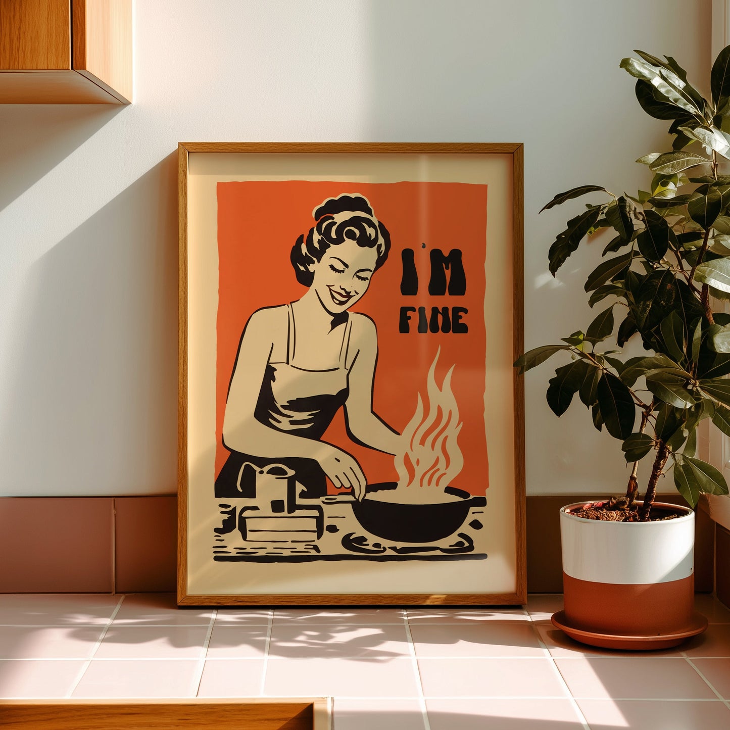 Retro housewife cooking with flames in a pan and the text “I’m Fine,” vintage style funny kitchen wall art poster for retro cafe or kitchen decor.