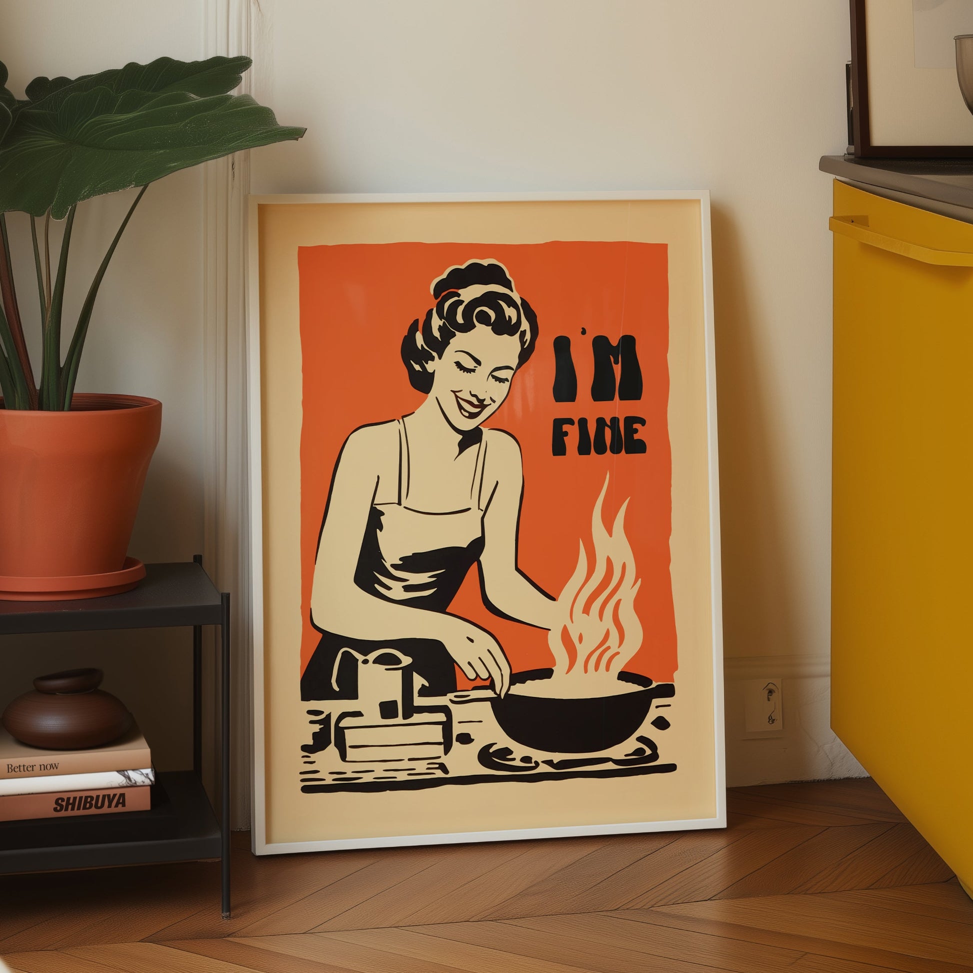 Retro housewife cooking with flames in a pan and the text “I’m Fine,” vintage style funny kitchen wall art poster for retro cafe or kitchen decor.