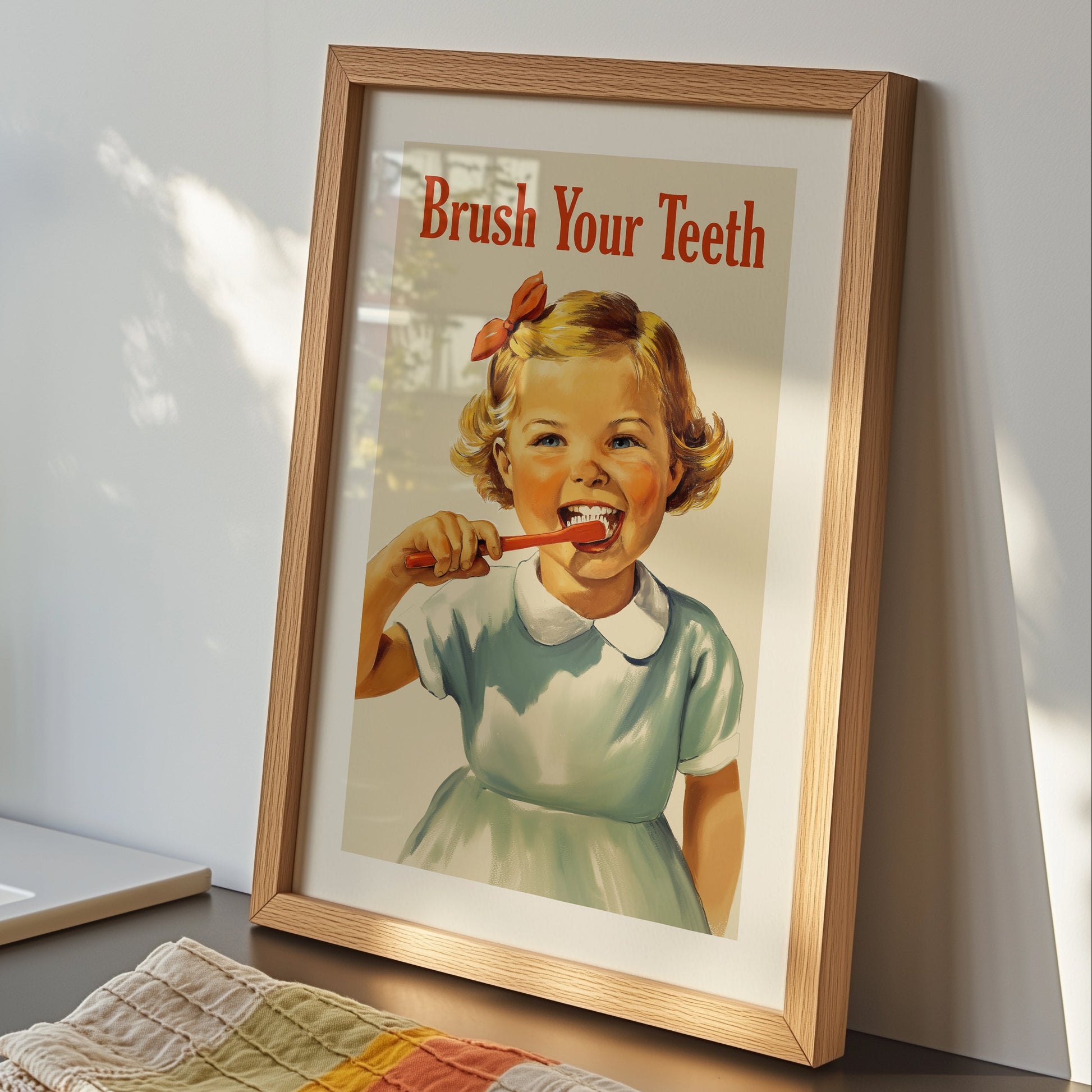 Midcentury style poster of a smiling little girl brushing her teeth, retro kids bathroom wall art for dental hygiene and classroom decor.