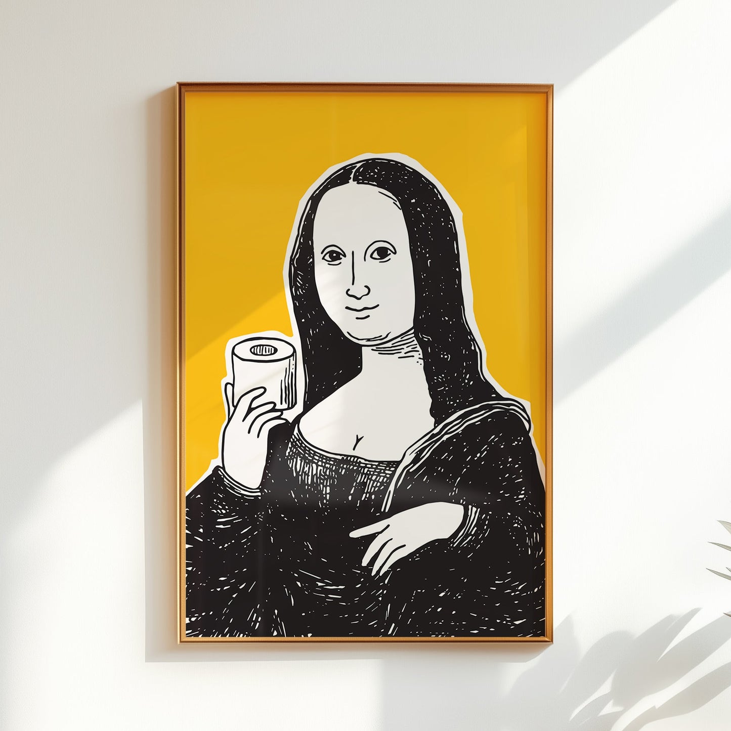 Hand drawn Mona Lisa classic art parody holding a toilet paper roll, yellow and black funny bathroom wall art print for powder room or guest bathroom decor.