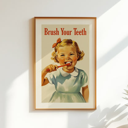 Midcentury style poster of a smiling little girl brushing her teeth, retro kids bathroom wall art for dental hygiene and classroom decor.