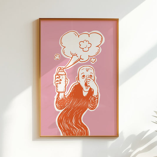 Parody of The Scream artwork showing a figure holding toilet spray with pink background, humorous loo art poster or funny toilet poster, funny bathroom art.