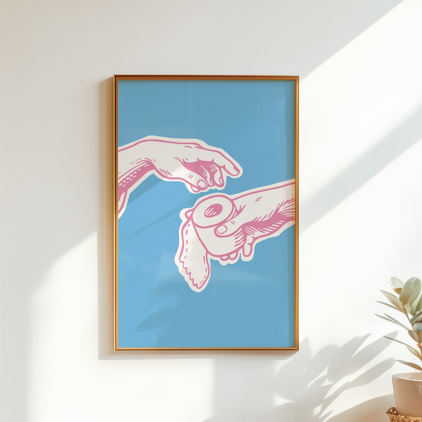Michelangelo Hand of God parody poster showing hands passing toilet paper, bold blue and pink funny bathroom wall art for powder room decor.