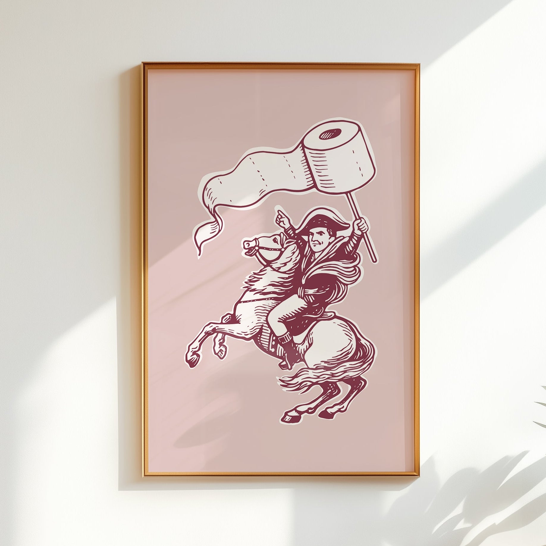 Minimalist pink line art poster of a knight riding a horse while holding toilet paper, funny bathroom wall art for guest bathroom and powder room decor.
