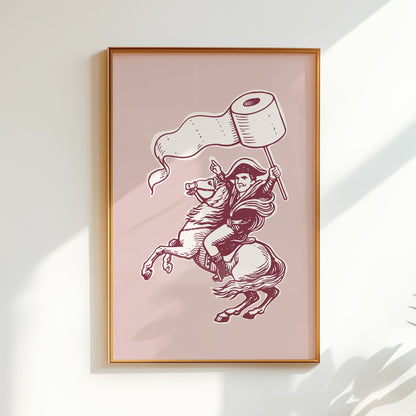 Minimalist pink line art poster of a knight riding a horse while holding toilet paper, funny bathroom wall art for guest bathroom and powder room decor.