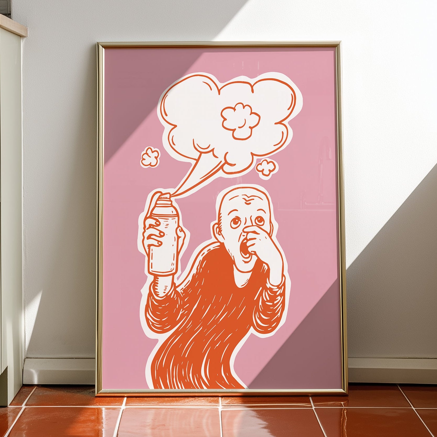 Parody of The Scream artwork showing a figure holding toilet spray with pink background, humorous loo art poster or funny toilet poster, funny bathroom art.