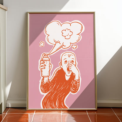 Parody of The Scream artwork showing a figure holding toilet spray with pink background, humorous loo art poster or funny toilet poster, funny bathroom art.