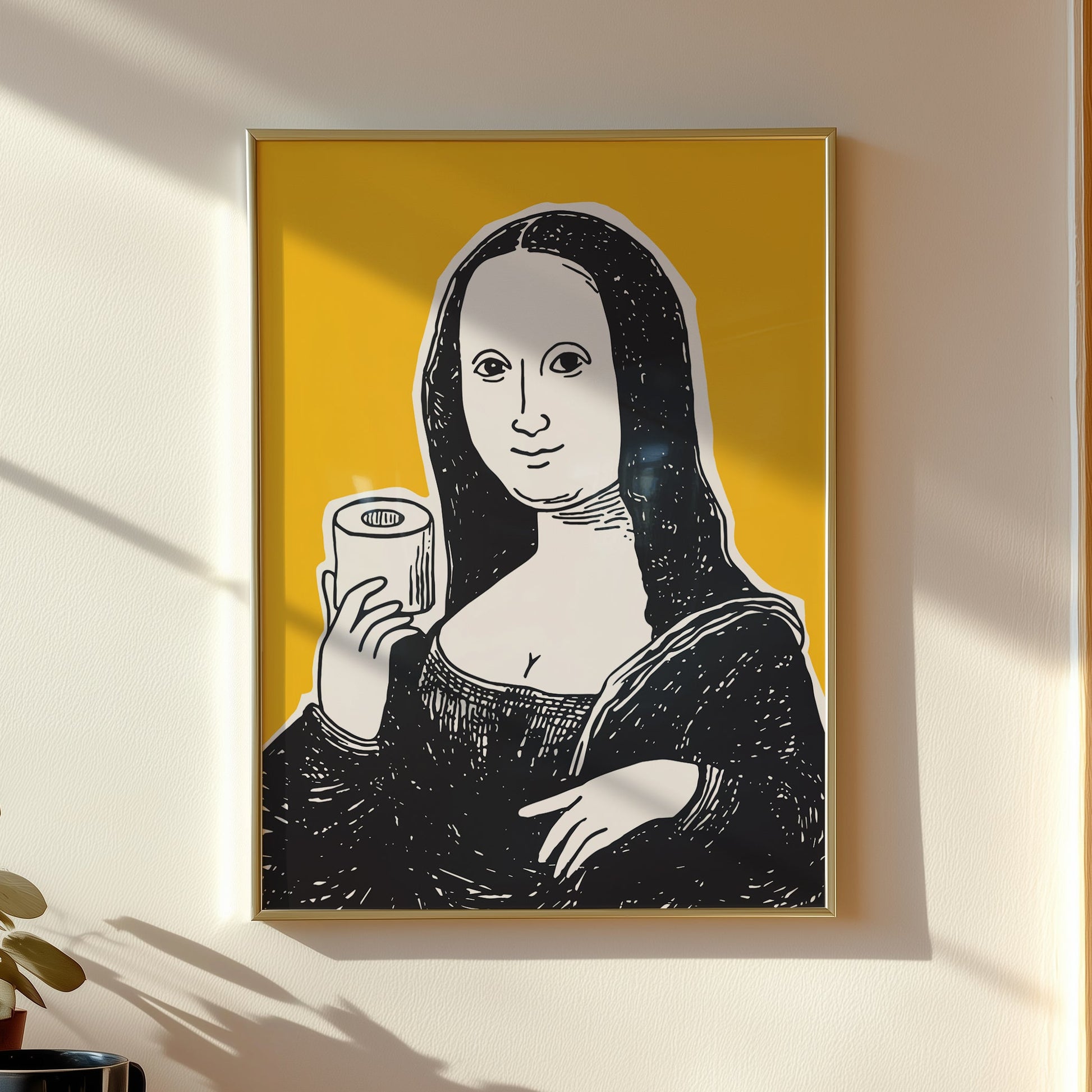 Hand drawn Mona Lisa classic art parody holding a toilet paper roll, yellow and black funny bathroom wall art print for powder room or guest bathroom decor.