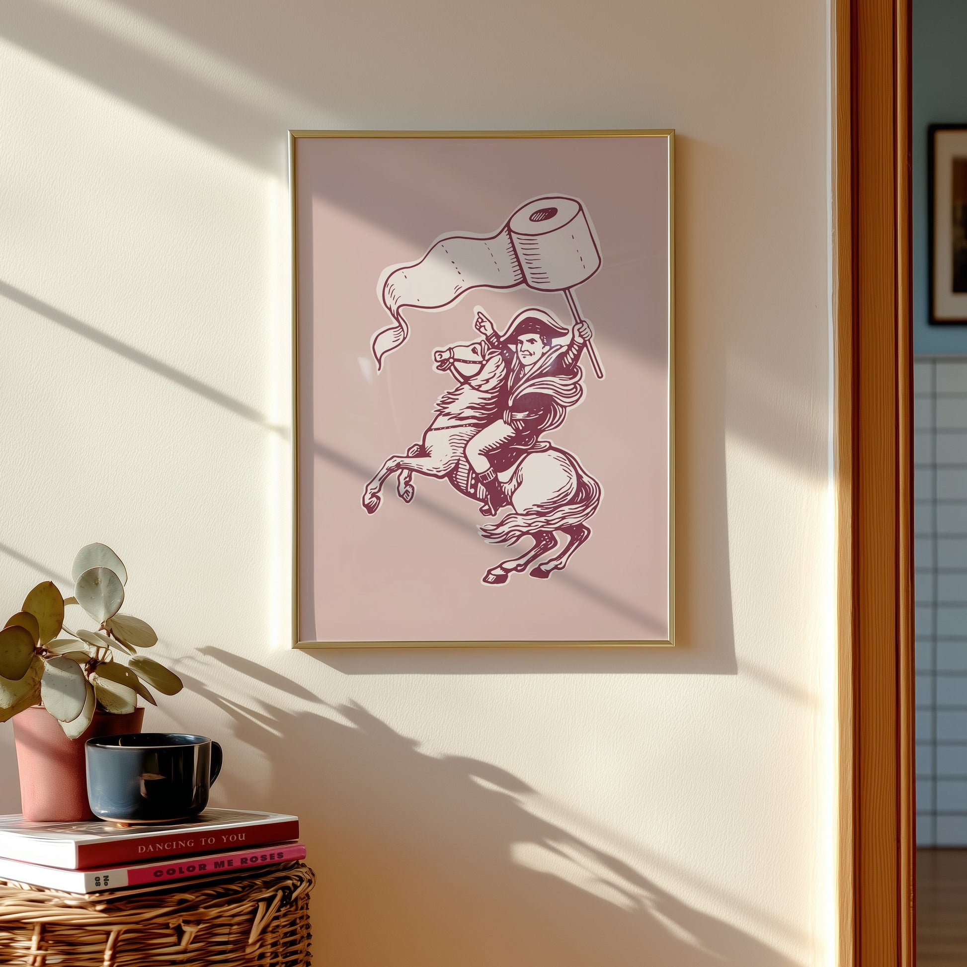 Minimalist pink line art poster of a knight riding a horse while holding toilet paper, funny bathroom wall art for guest bathroom and powder room decor.