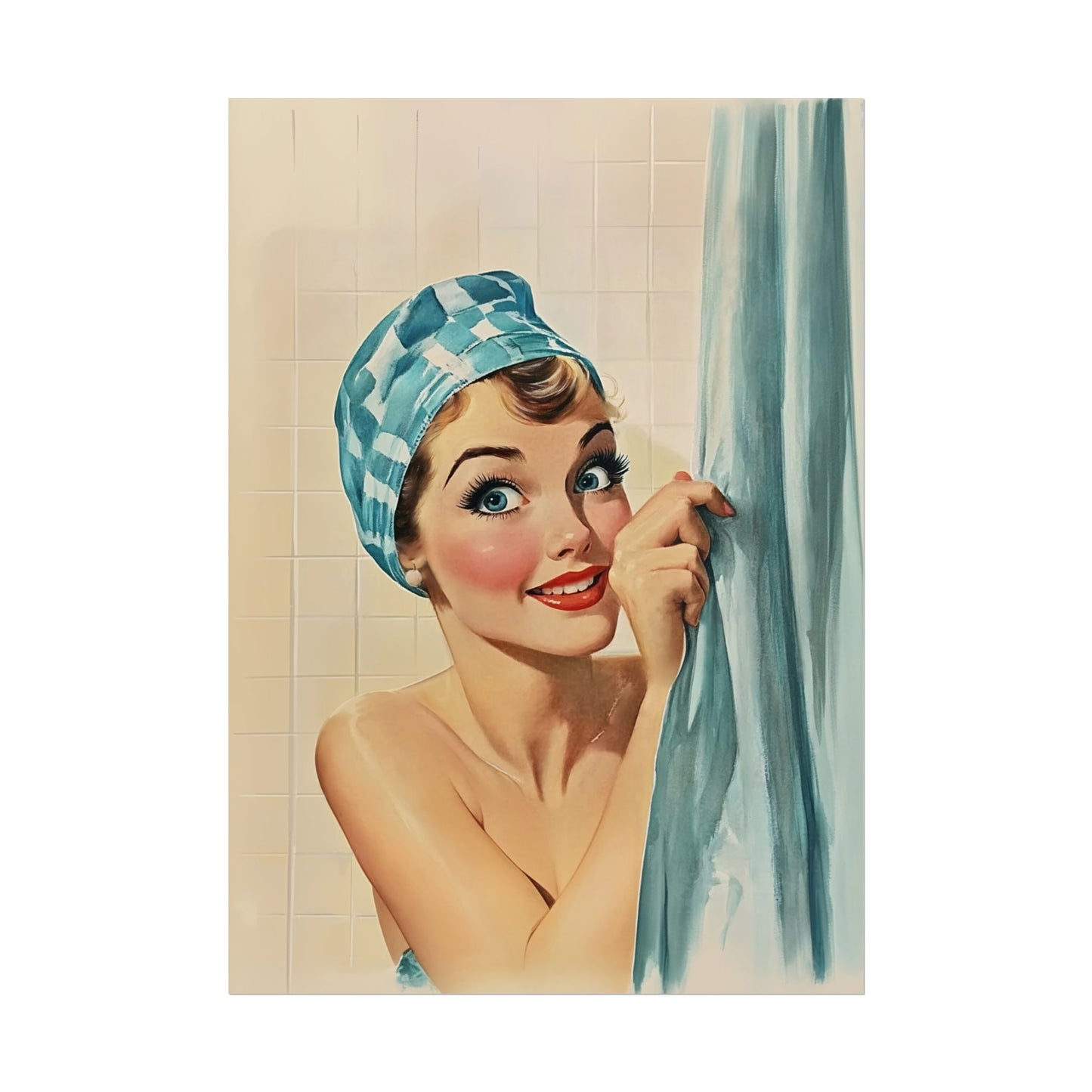 Funny Shower Room Wall Print Blue Toilet Poster Funny Bathroom Poster Bathroom Wall Art 50s 60s Bath Time Print Retro Housewife in a shower cap taking a shower and hiding behind a curtain