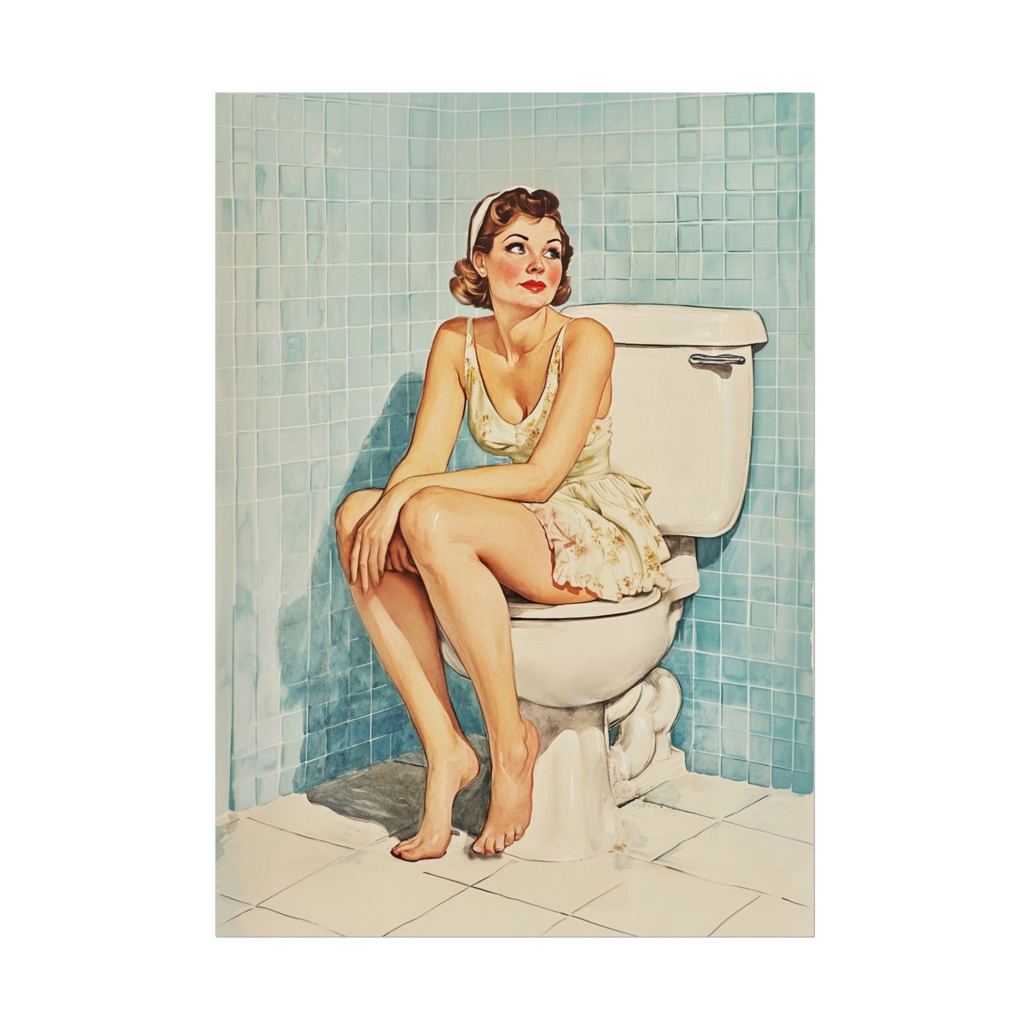 Funny Bathroom Wall Art Blue Toilet Poster Funny Retro Housewife Art Above Toilet Wall Decor Fun Sitting on a Toilet Poster Retro Home Wall Decor 