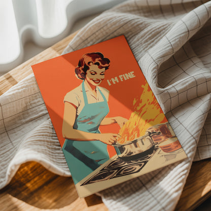 Funny kitchen poster with “im fine print” text in a retro housewife art style, bold orange cooking print for cafe wall art, bakery wall art, quirky kitchen art, and baking art print.