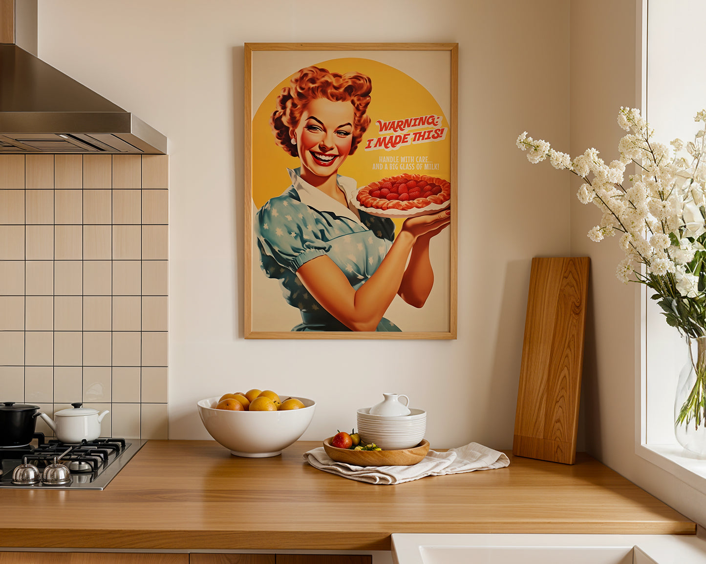 Funny Kitchen Poster Retro Baker Print Happy Housewife with Pie 50s 60s style Cafe Decor Cake Art Hostess Gift Retro Baking Poster Kitchen Nook Decor 