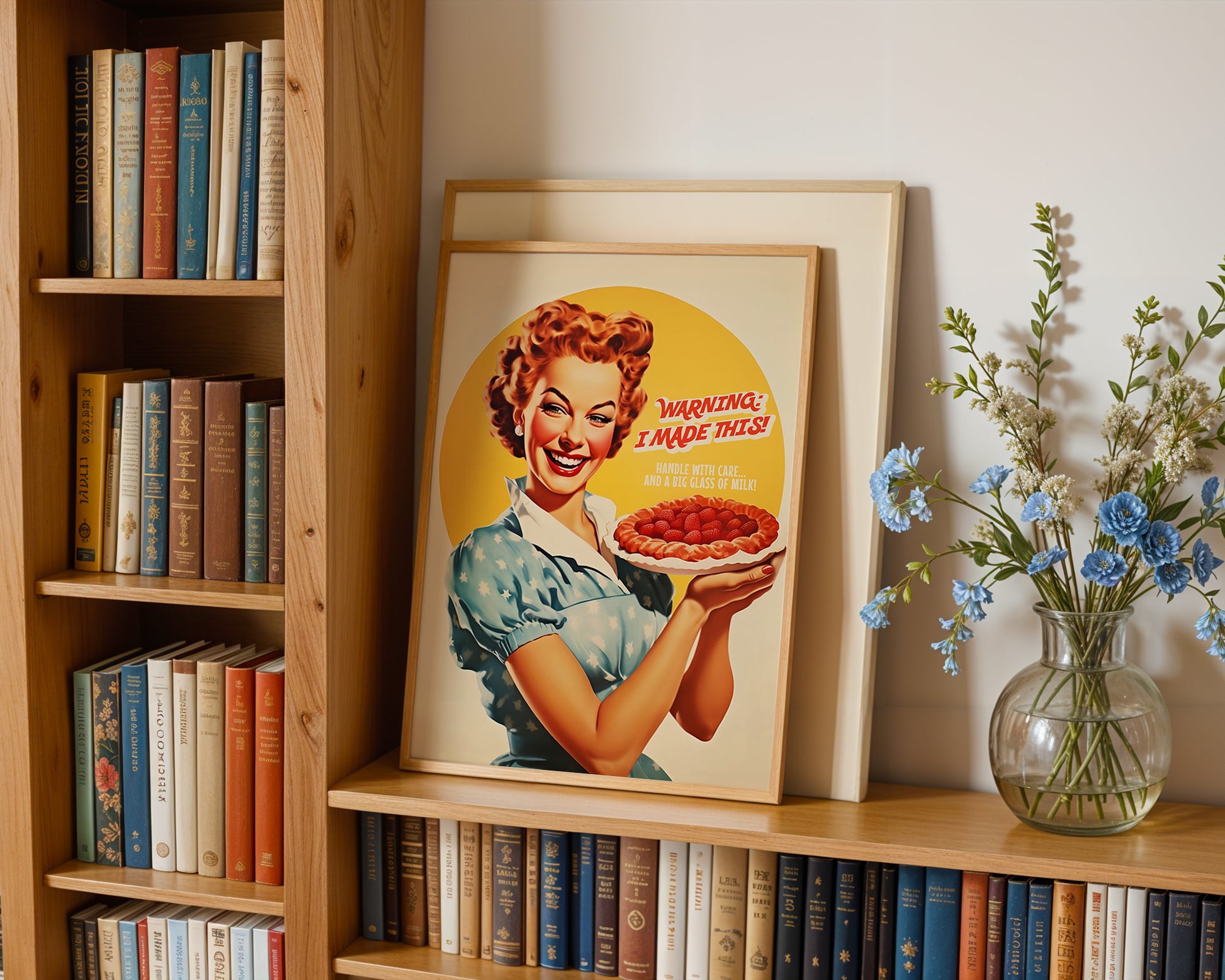 Funny Kitchen Poster Retro Baker Print Happy Housewife with Pie 50s 60s style Cafe Decor Cake Art Hostess Gift Retro Baking Poster Kitchen Nook Decor 