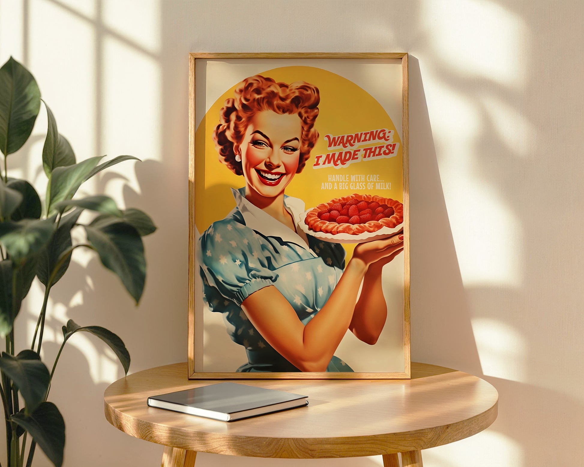Funny Kitchen Poster Retro Baker Print Happy Housewife with Pie 50s 60s style Cafe Decor Cake Art Hostess Gift Retro Baking Poster Kitchen Nook Decor 