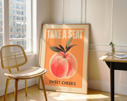 Take a Seat Sweet Cheeks Poster Funny Toilet Poster Retro Bathroom Wall Art Peach Art Print Funny Toilet Art Nice Bum Art Guest Bathroom Decor Butt Wall Art