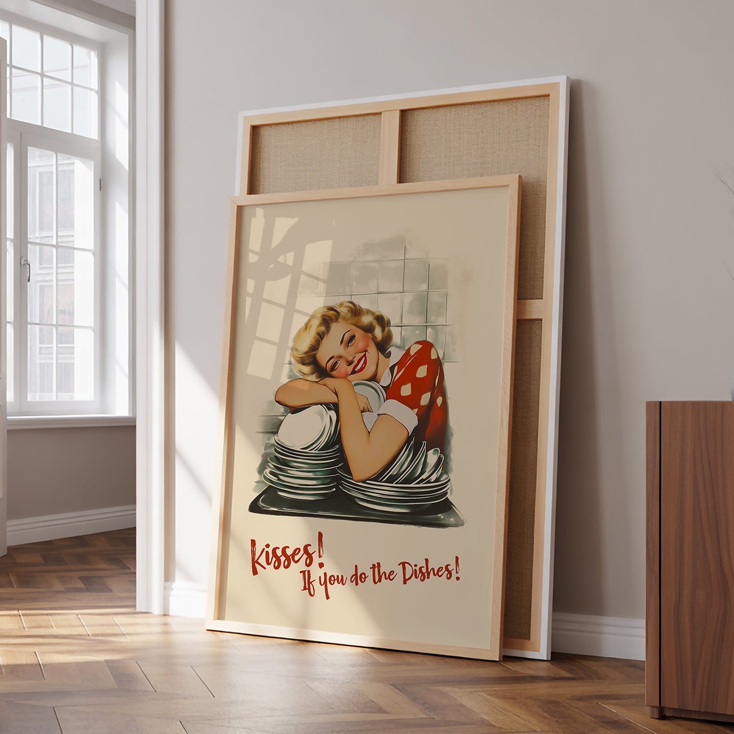 Retro housewife leaning on stacked dishes with the quote “Kisses If You Do the Dishes,” nostalgic funny kitchen wall art print for kitchen nook decor, funny roommate gift idea.