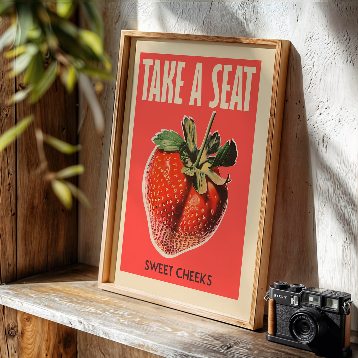 Framed funny toilet poster with a strawberry, styled on a table beside a camera and houseplant.