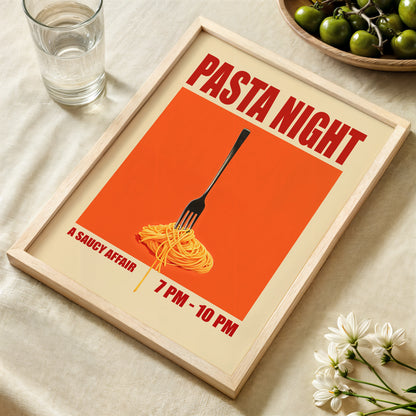 Orange Pasta Night poster with fork and spaghetti, styled as retro kitchen wall art for dining rooms, breakfast nooks, cafés and restaurants.