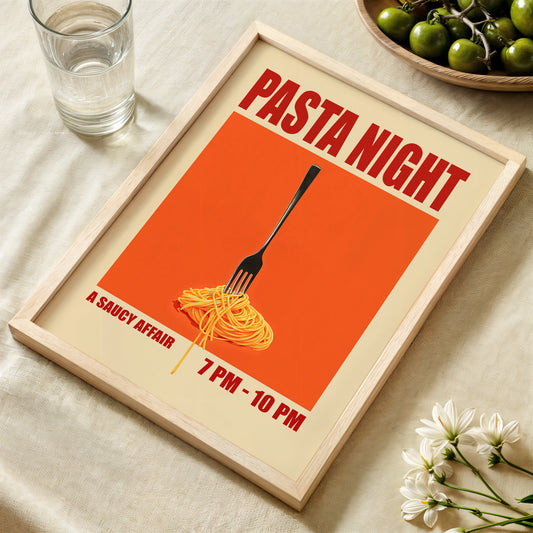 Orange Pasta Night poster with fork and spaghetti, styled as retro kitchen wall art for dining rooms, breakfast nooks, cafés and restaurants.