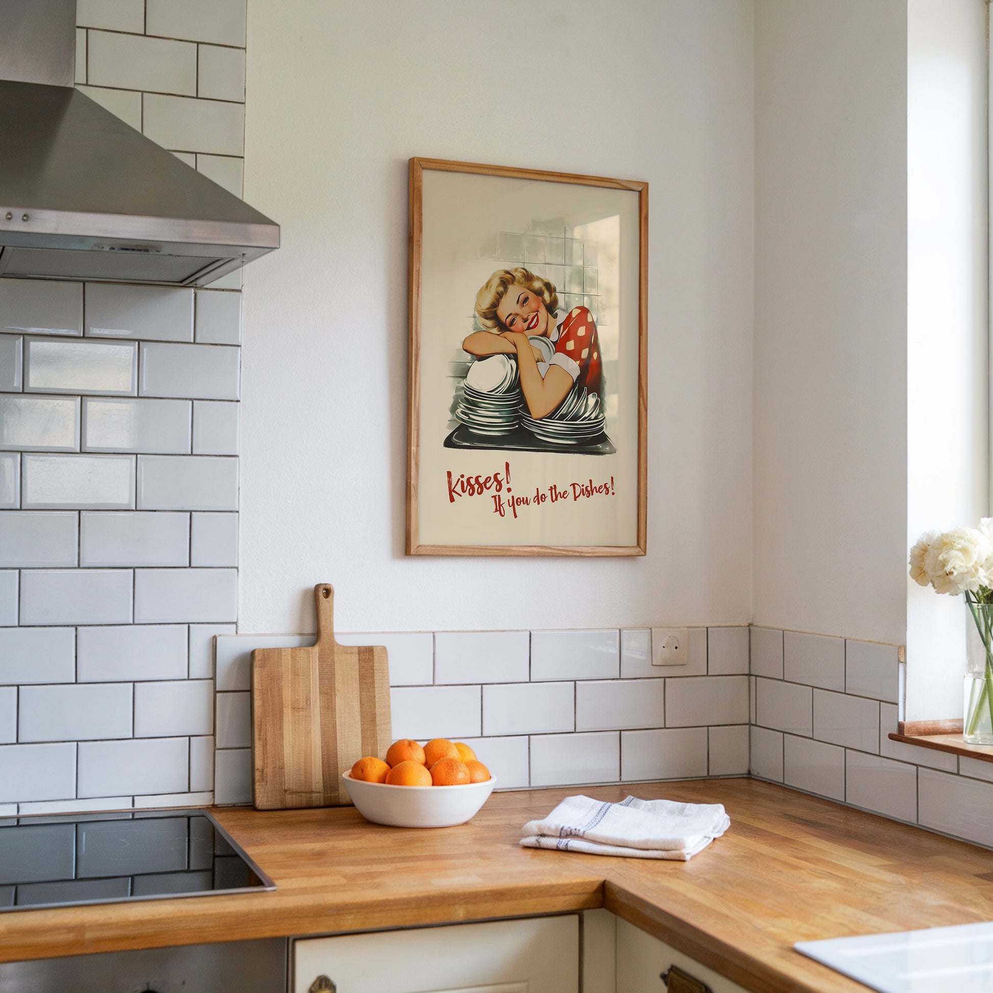 Retro housewife leaning on stacked dishes with the quote “Kisses If You Do the Dishes,” nostalgic funny kitchen wall art print for kitchen nook decor, funny roommate gift idea.