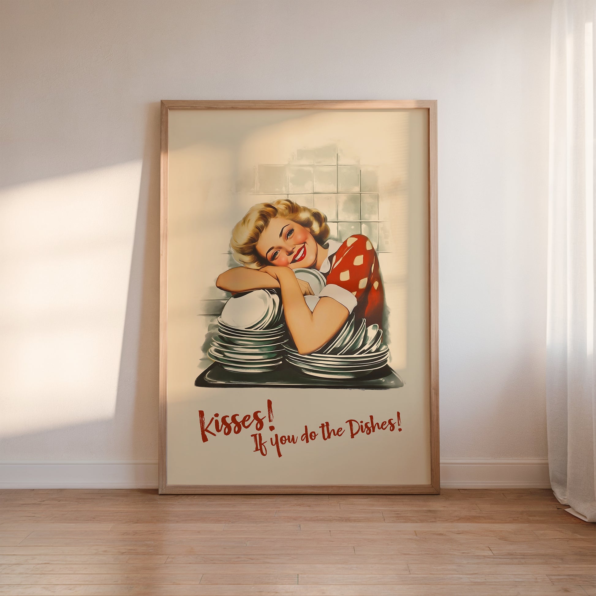 Retro housewife leaning on stacked dishes with the quote “Kisses If You Do the Dishes,” nostalgic funny kitchen wall art print for kitchen nook decor, funny roommate gift idea.