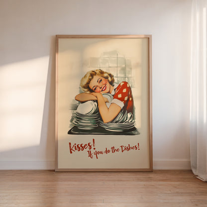 Retro housewife leaning on stacked dishes with the quote “Kisses If You Do the Dishes,” nostalgic funny kitchen wall art print for kitchen nook decor, funny roommate gift idea.