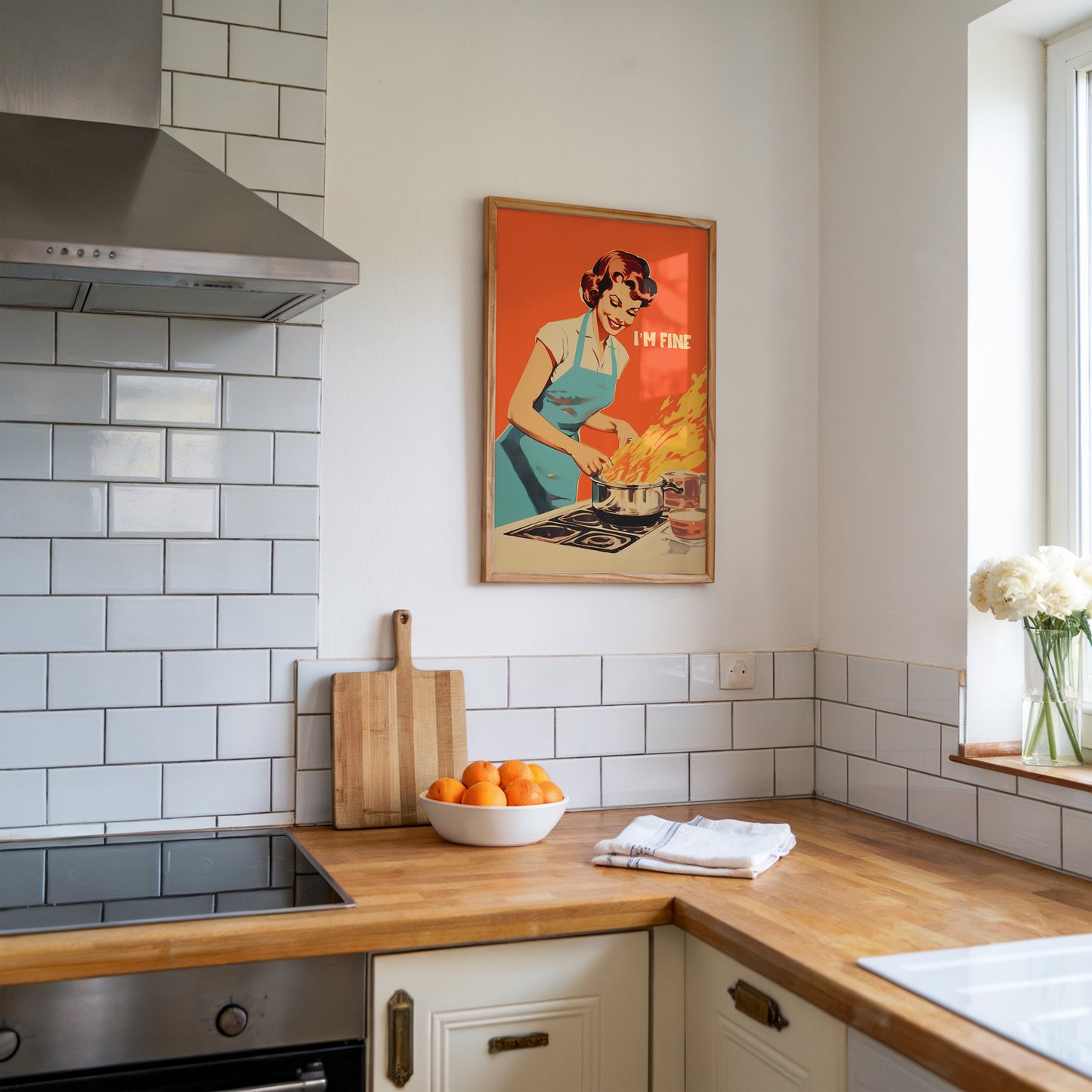 Funny kitchen poster with “im fine print” text in a retro housewife art style, bold orange cooking print for cafe wall art, bakery wall art, quirky kitchen art, and baking art print.