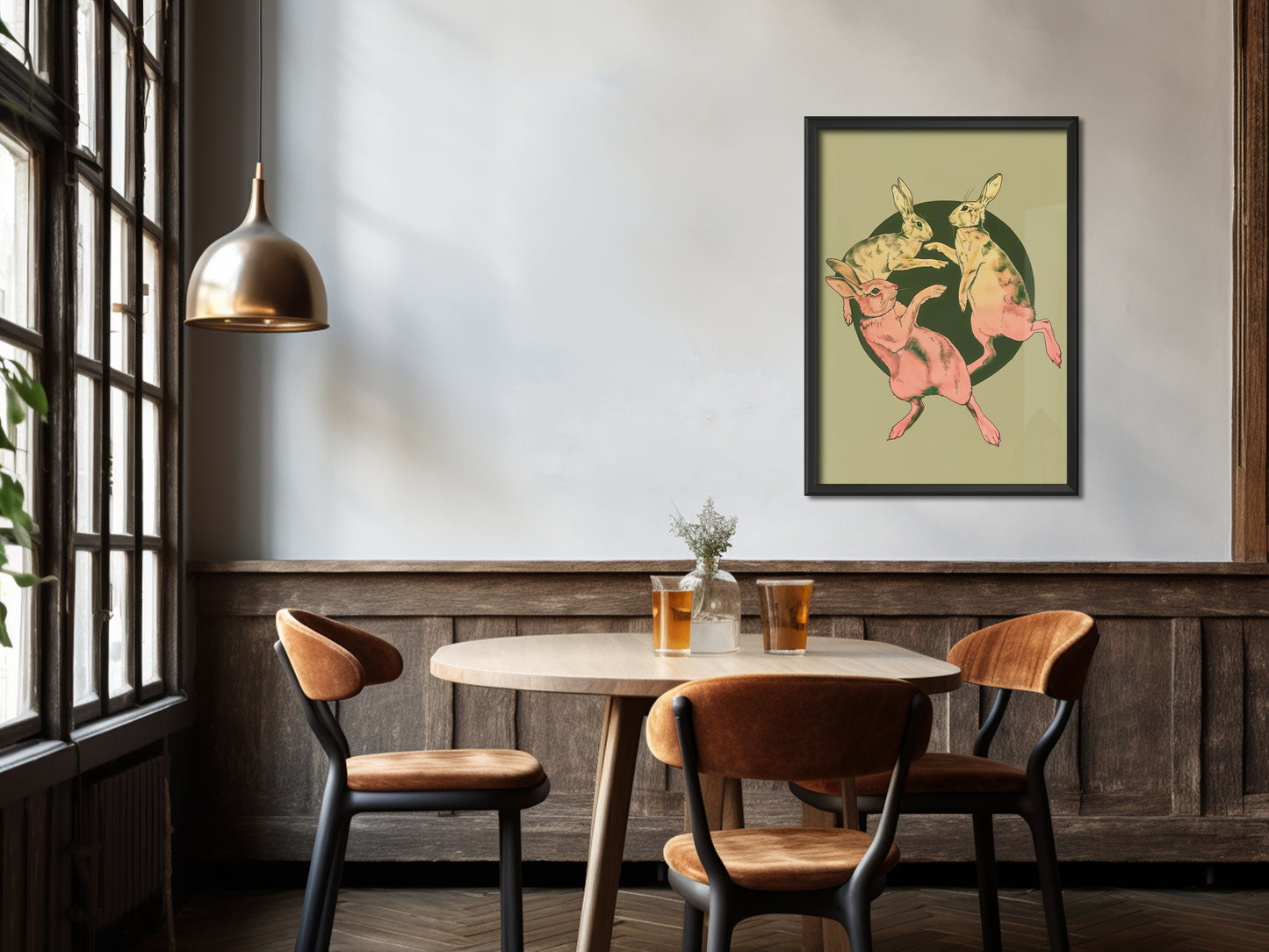 Retro Rabbits Poster Dancing Art Print Vintage Bunny Art Print Green Animal Art Funny Animal Poster Vintage Nursery Wall Art