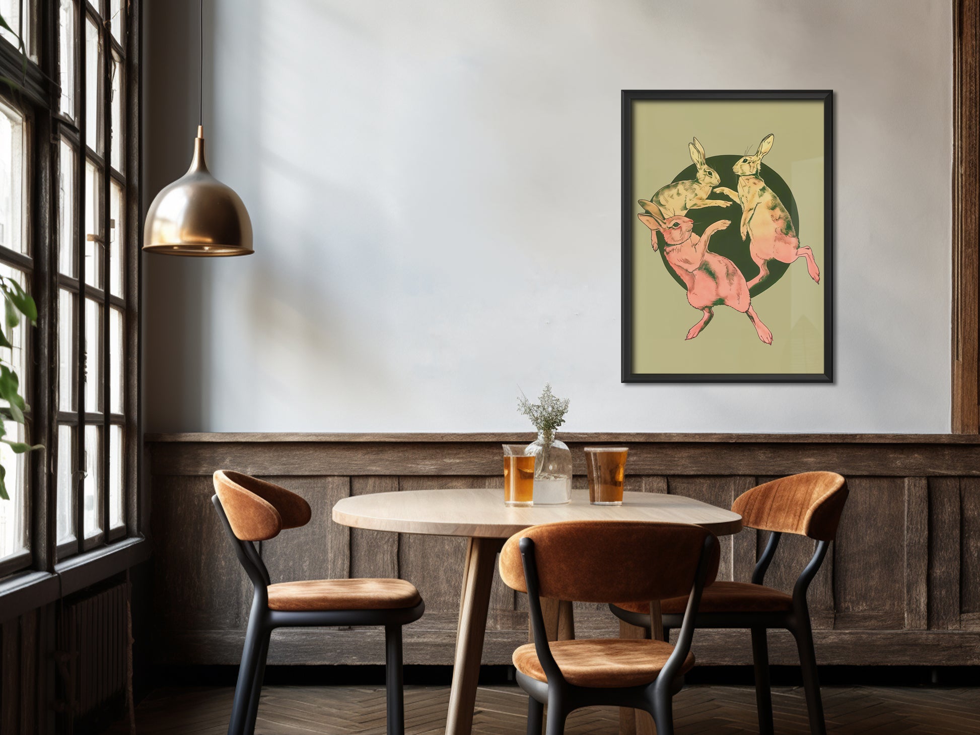 Retro Rabbits Poster Dancing Art Print Vintage Bunny Art Print Green Animal Art Funny Animal Poster Vintage Nursery Wall Art