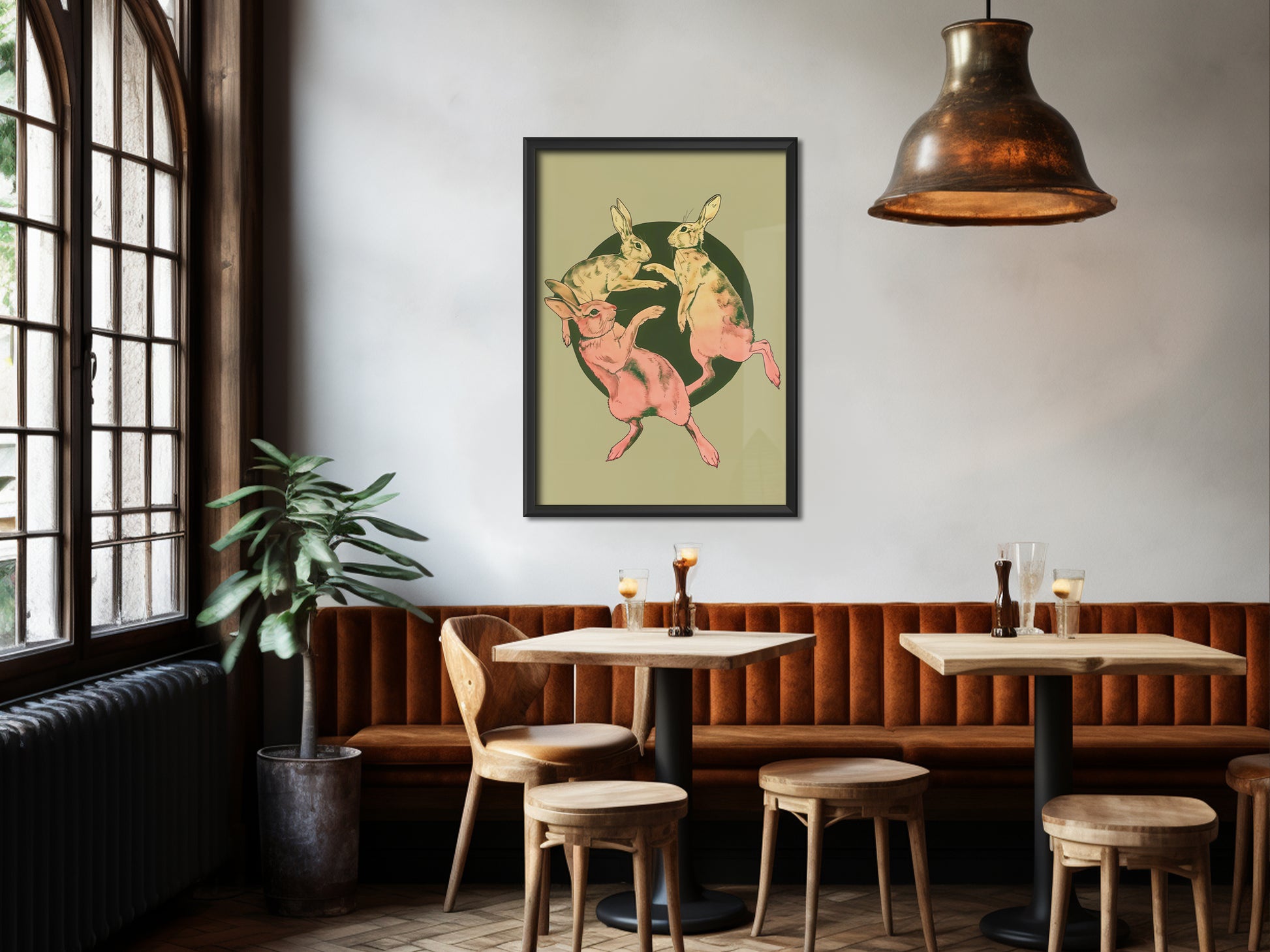 Retro Rabbits Poster Dancing Art Print Vintage Bunny Art Print Green Animal Art Funny Animal Poster Vintage Nursery Wall Art