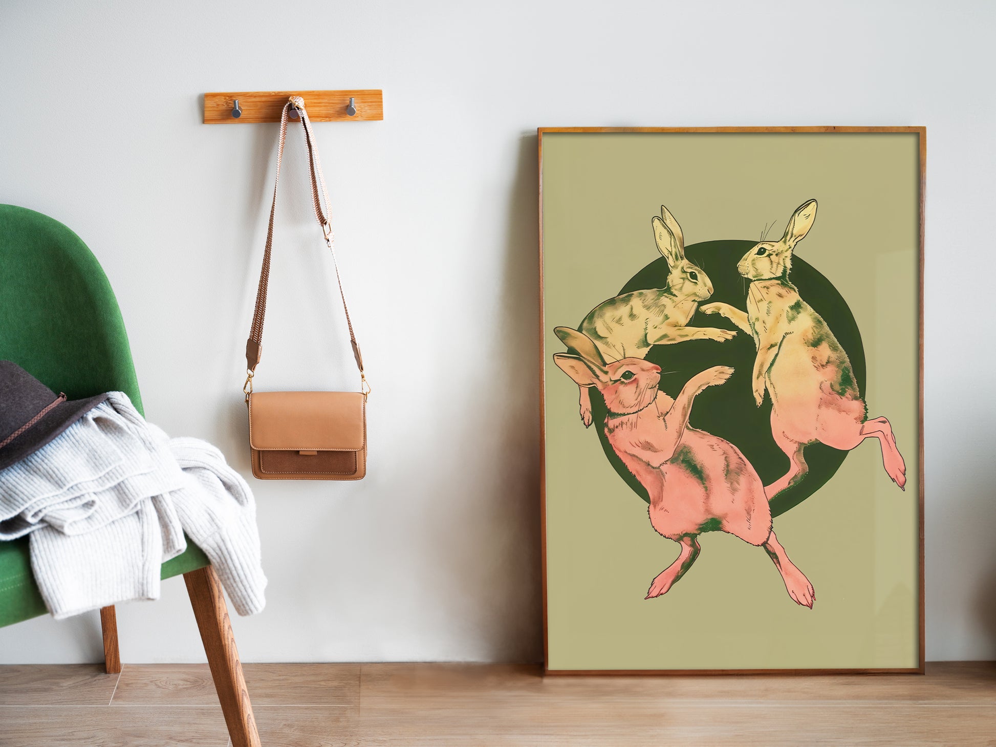 Retro Rabbits Poster Dancing Art Print Vintage Bunny Art Print Green Animal Art Funny Animal Poster Vintage Nursery Wall Art