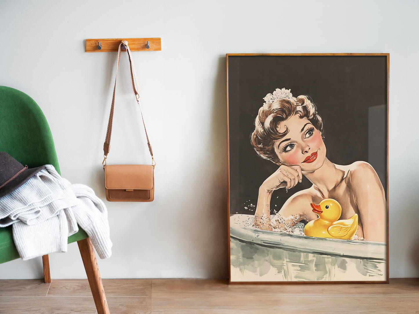 Retro Bathroom Wall Art Funny Housewife in Bathtub Art Print Yellow Rubber Duck Print Fun Poster 50s 60s Shower Room Wall Print Black Toilet Art Guest Bathroom Vintage Art