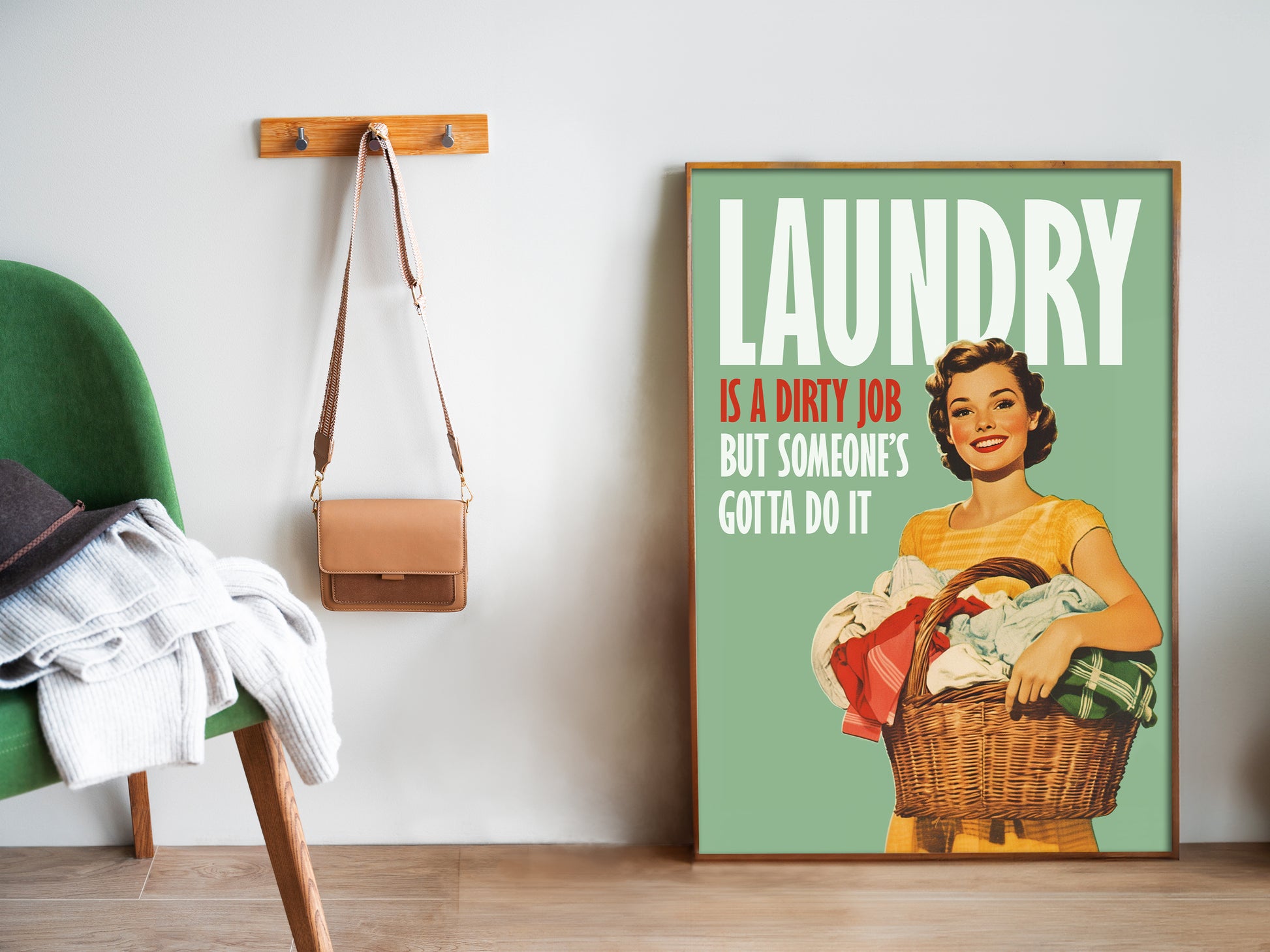 "Laundry is a Dirty Job, but Someone's Gotta Do It" poster Funny Laundry Large Poster Laundry Wall Art Retro Housewife holding a laundry basket Print Utility Room Decor Funny Closet Art Laundry Day Quote Poster