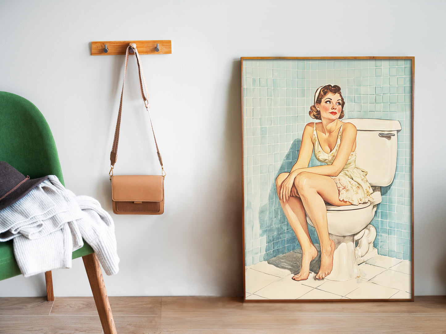 Funny Bathroom Wall Art Blue Toilet Poster Funny Retro Housewife Art Above Toilet Wall Decor Fun Sitting on a Toilet Poster Retro Home Wall Decor 