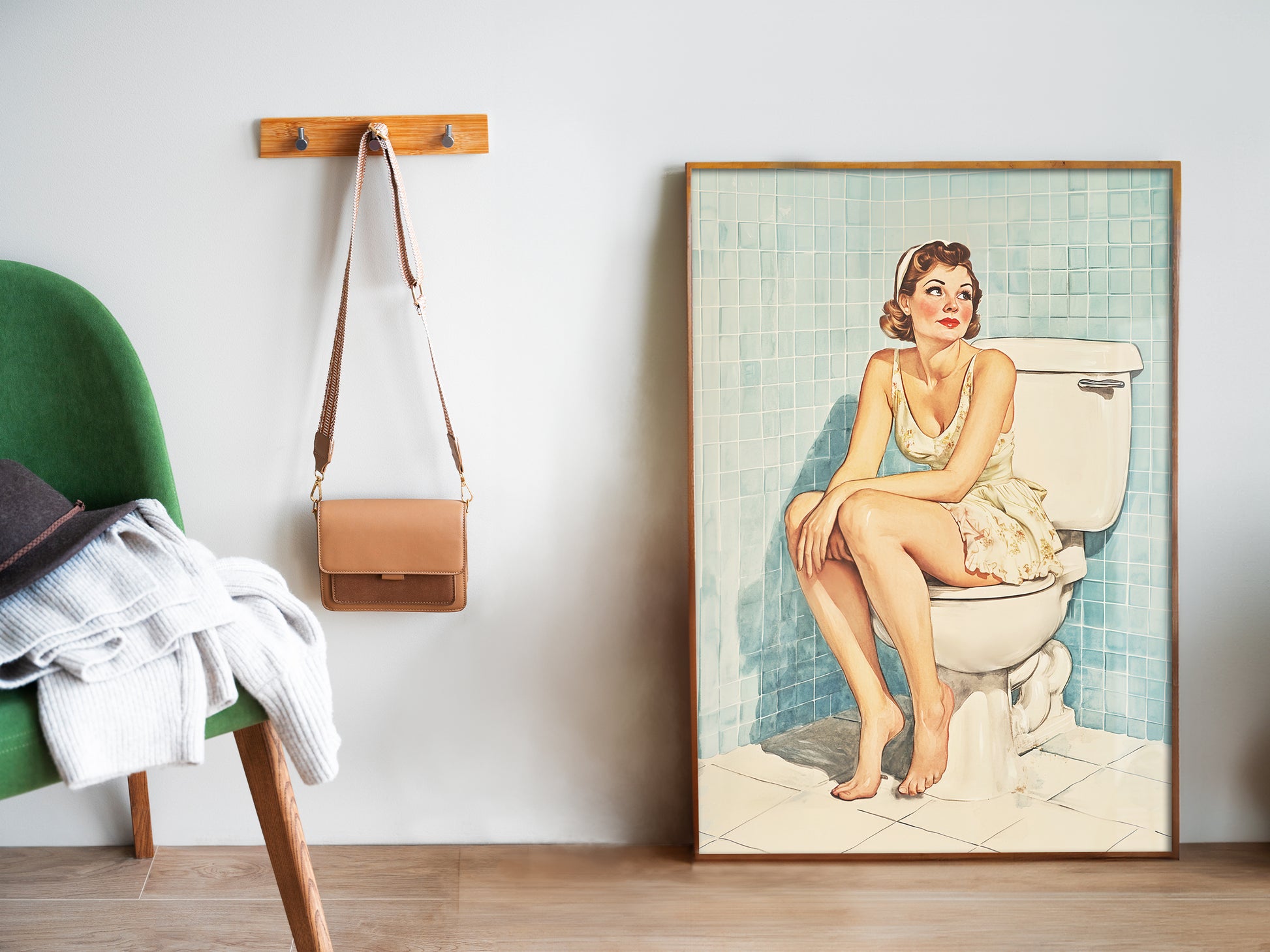 Funny Bathroom Wall Art Blue Toilet Poster Funny Retro Housewife Art Above Toilet Wall Decor Fun Sitting on a Toilet Poster Retro Home Wall Decor 