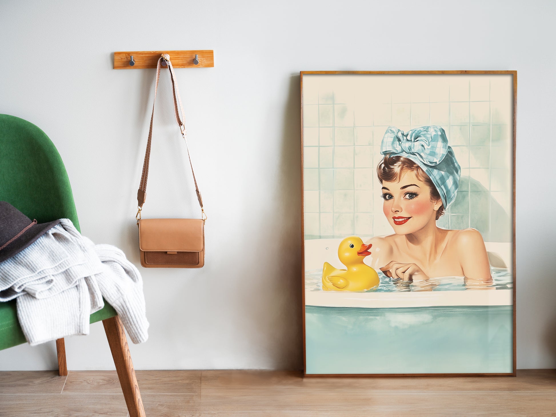 Retro Housewife in a tub with a yellow rubber duck Funny Bathroom Wall Art Bath Time Poster Yellow Rubber Duck Art Fun Housewife Art 50s 60s Shower Room Poster Wall Decor Blue Toilet Art from AnnoyingSeagull