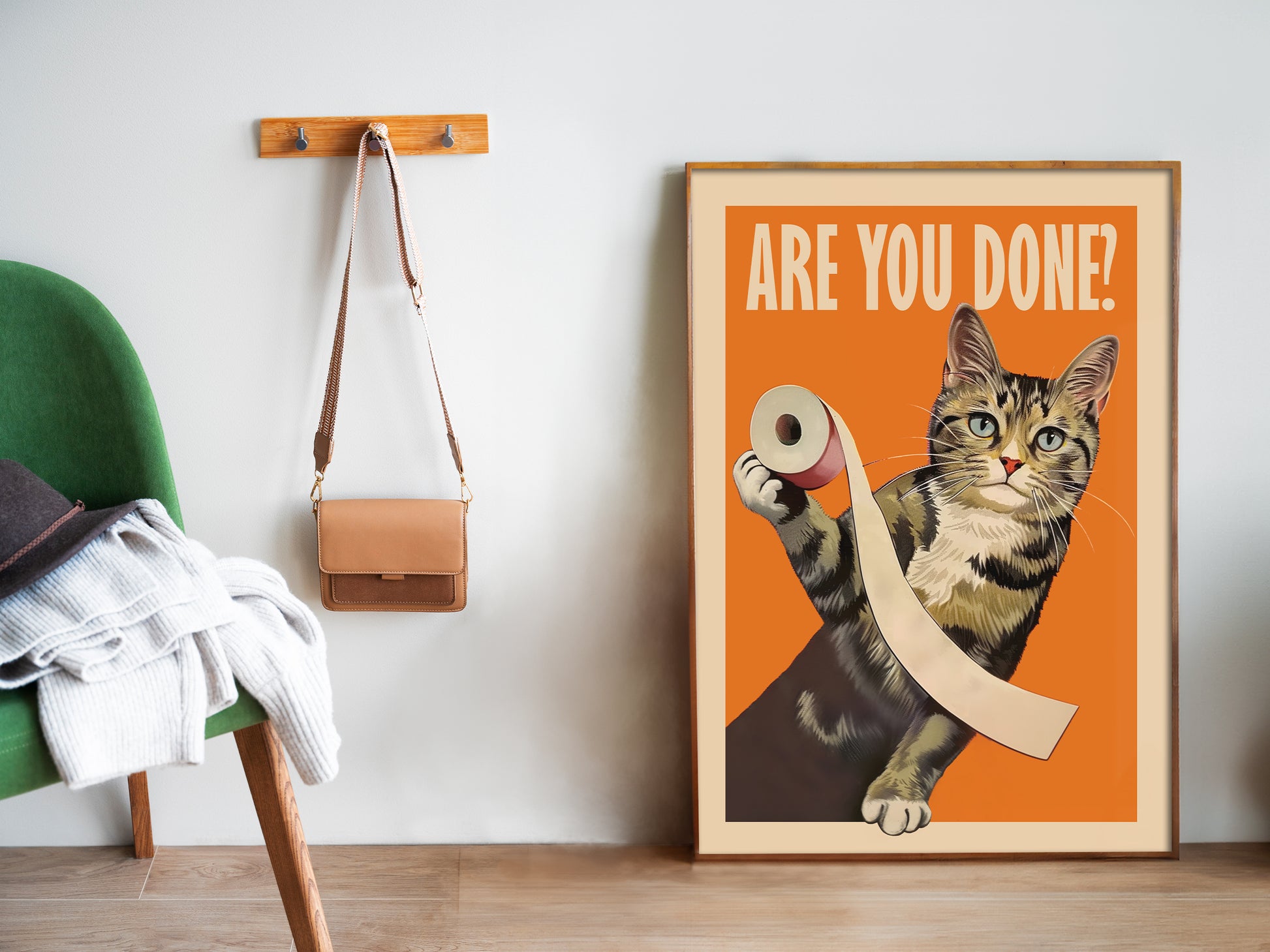 Are You Done Poster Bathroom Wall Art Funny Print Tabby Cat Toilet Art Pooping Print Kid's Bathroom Decor Restroom Wall Art Take a seat sweet cheeks cat playing with toilet paper