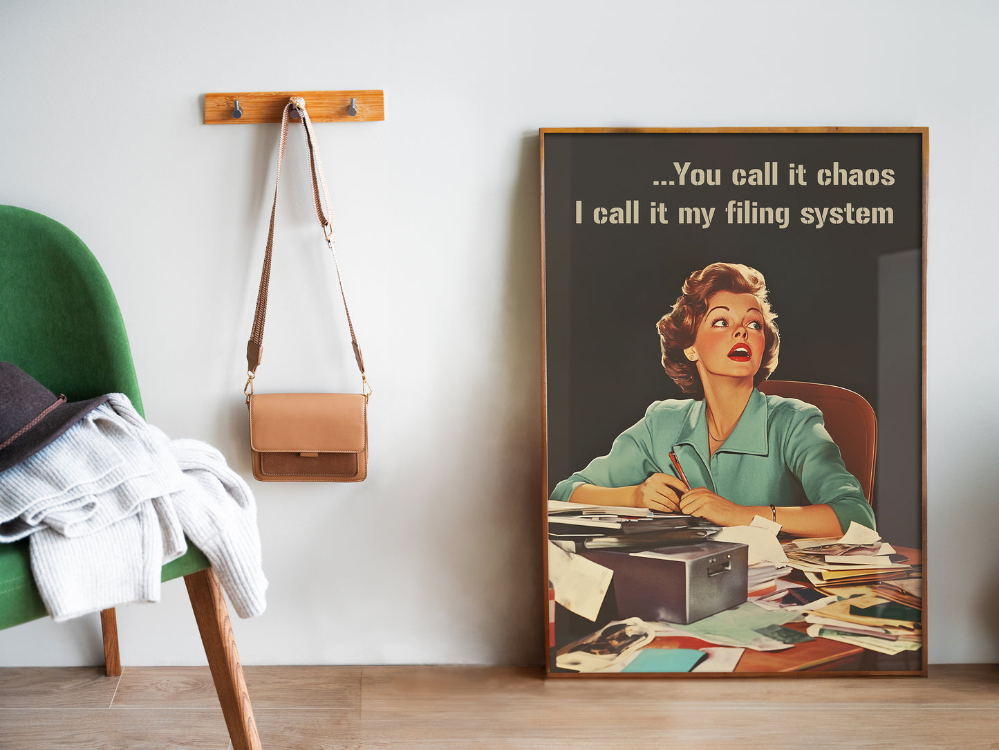 Retro Woman Poster Funny Office Wall Art Trendy Housewife Wall Art Sarcastic Quote Vertical Poster Funny Work Poster Work From Home Art "You call if chaos I call it my filing system"
