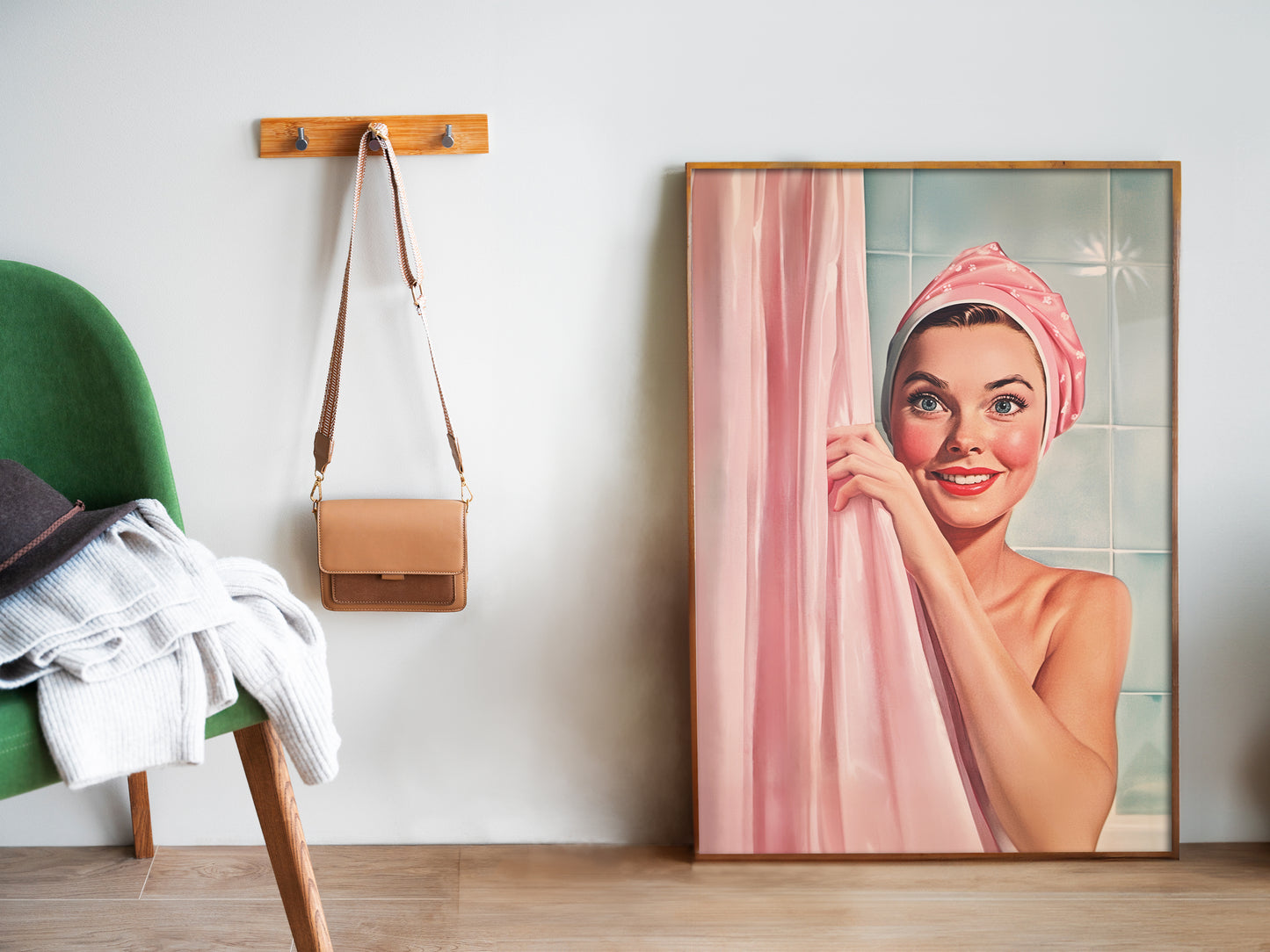Retro Bathroom Wall Art Shower Room Wall Print Retro Housewife Art  Pink and blue Toilet Art Print Fun Bathroom Decor Happy Housewife Hiding Behind a shower curtain Bath Time Poster 