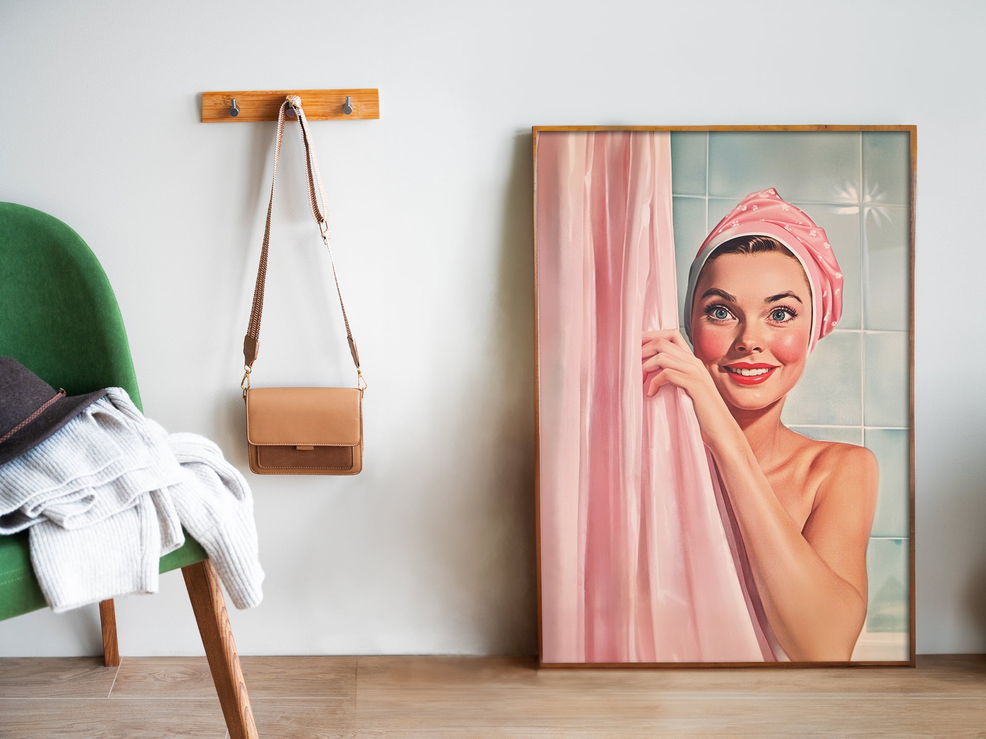 Retro Bathroom Wall Art Shower Room Wall Print Retro Housewife Art  Pink and blue Toilet Art Print Fun Bathroom Decor Happy Housewife Hiding Behind a shower curtain Bath Time Poster 