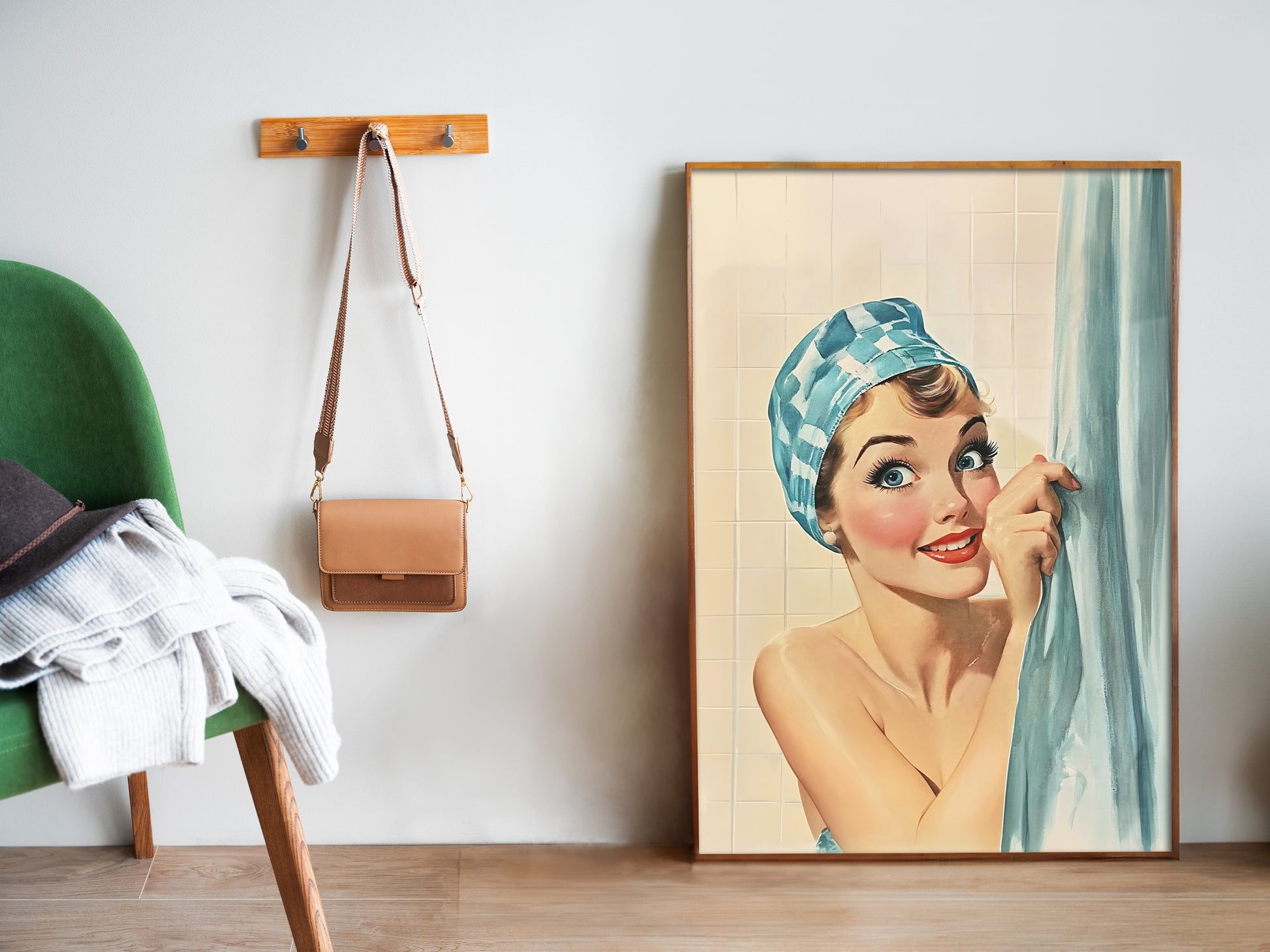 Funny Shower Room Wall Print Blue Toilet Poster Funny Bathroom Poster Bathroom Wall Art 50s 60s Bath Time Print Retro Housewife in a shower cap taking a shower and hiding behind a curtain