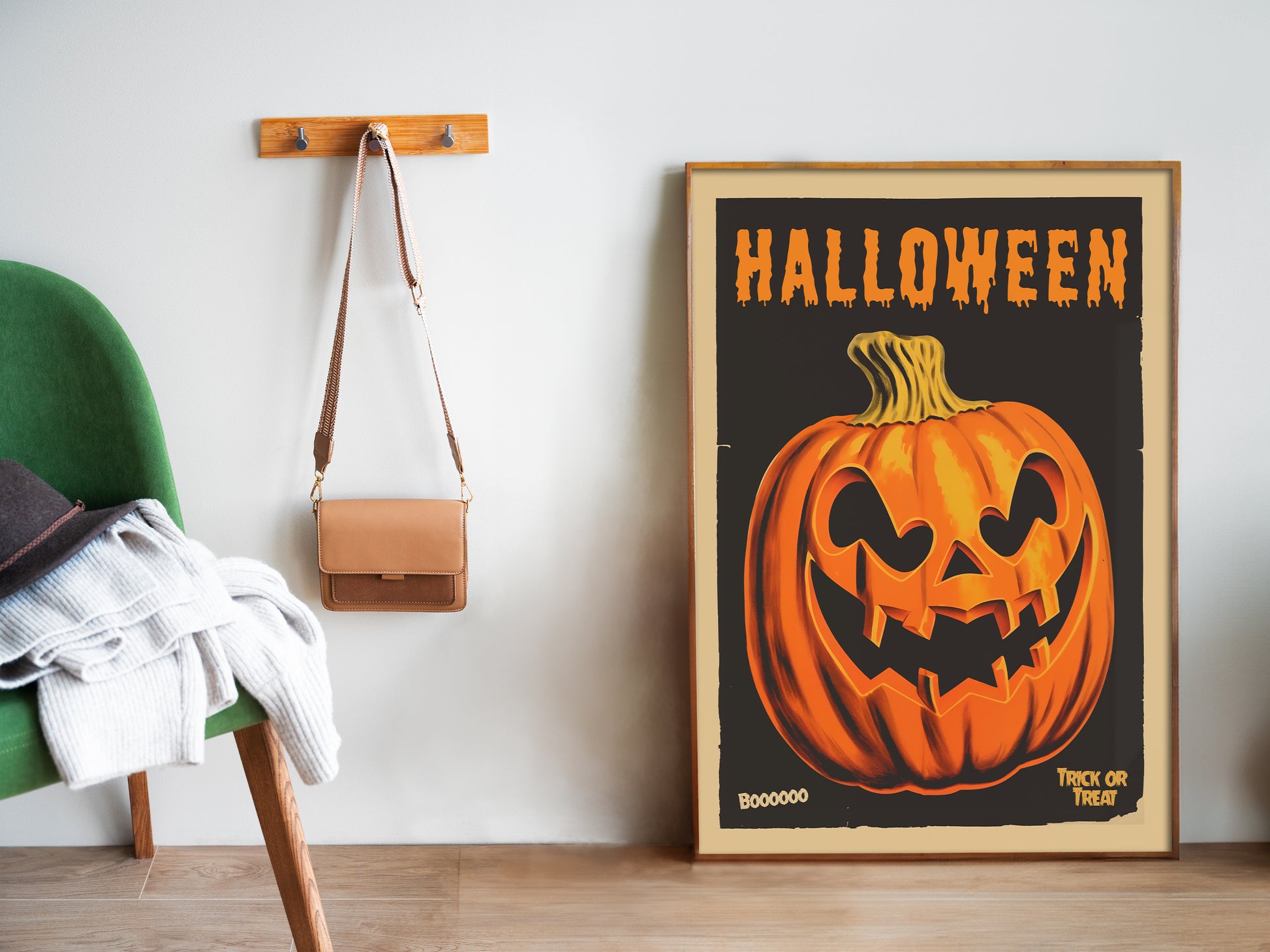Retro Halloween Poster Pumpkin Wall Art Trick or Treat Poster Spooky Season Print Vintage Black Halloween Decor Holiday Season Art Boo Poster