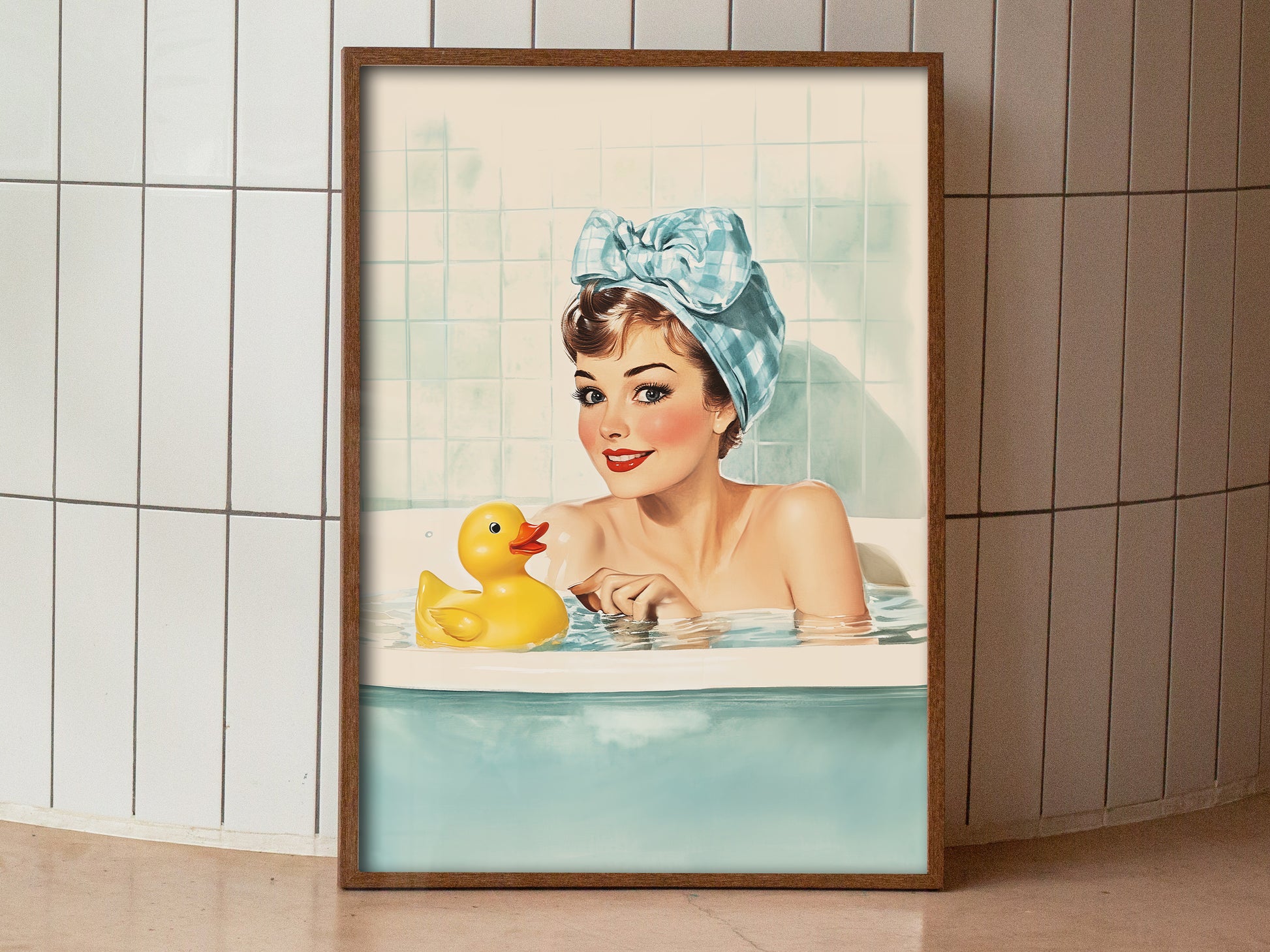 Retro Housewife in a tub with a yellow rubber duck Funny Bathroom Wall Art Bath Time Poster Yellow Rubber Duck Art Fun Housewife Art 50s 60s Shower Room Poster Wall Decor Blue Toilet Art from AnnoyingSeagull